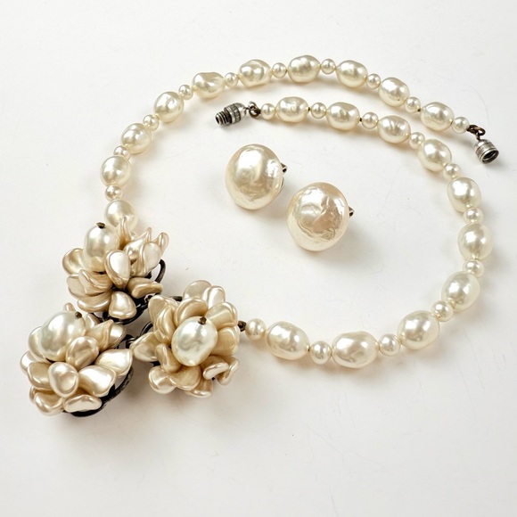 Vintage Louis Rousselet French Glass Pearl Floral Choker Necklace Earring Parure - Picture 1 of 16